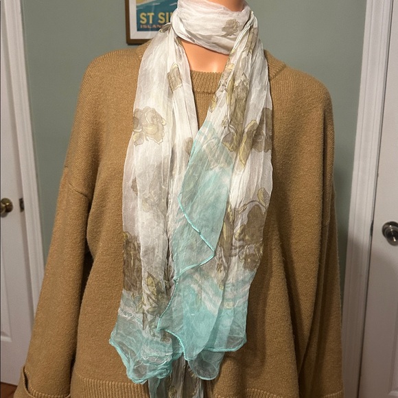 None Accessories - Floral Sheer Scarf with Teal Accents
